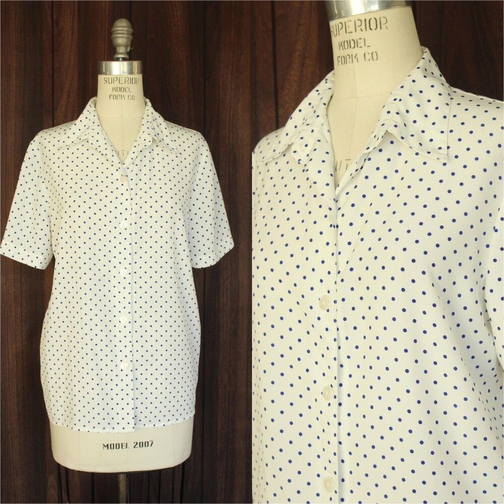 Vintage 1980s 1990s Blouse,  Volup Blue on White Polka Dot Short Sleeved Shirt